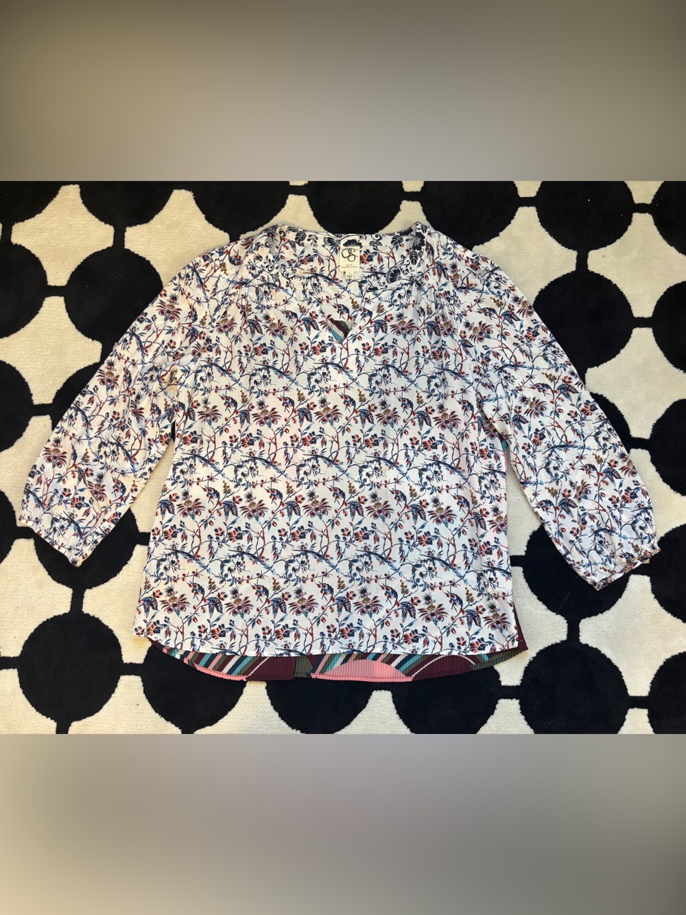 One September Anthropologie Floral Peasant Blouse Top White Blue Red Boho L